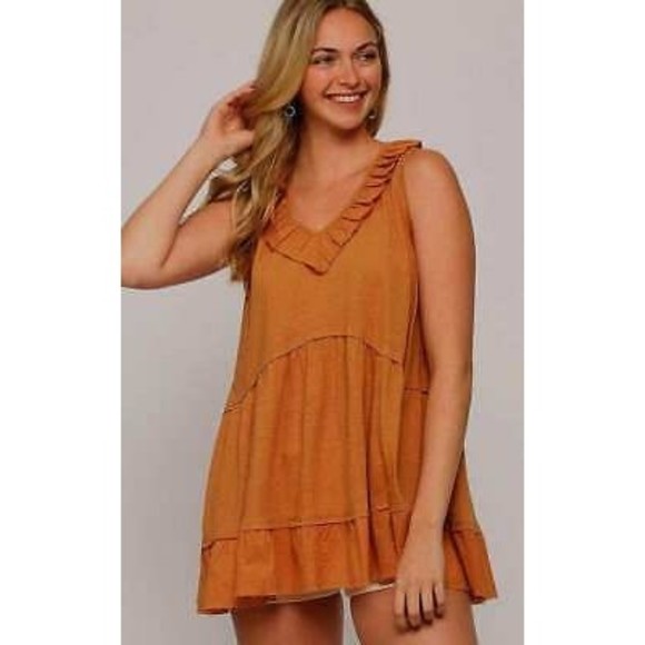 New Gigio Size S M Apricot Clay Solid & Dot Uragiri Woven Mix V Neck Tunic - Picture 1 of 4